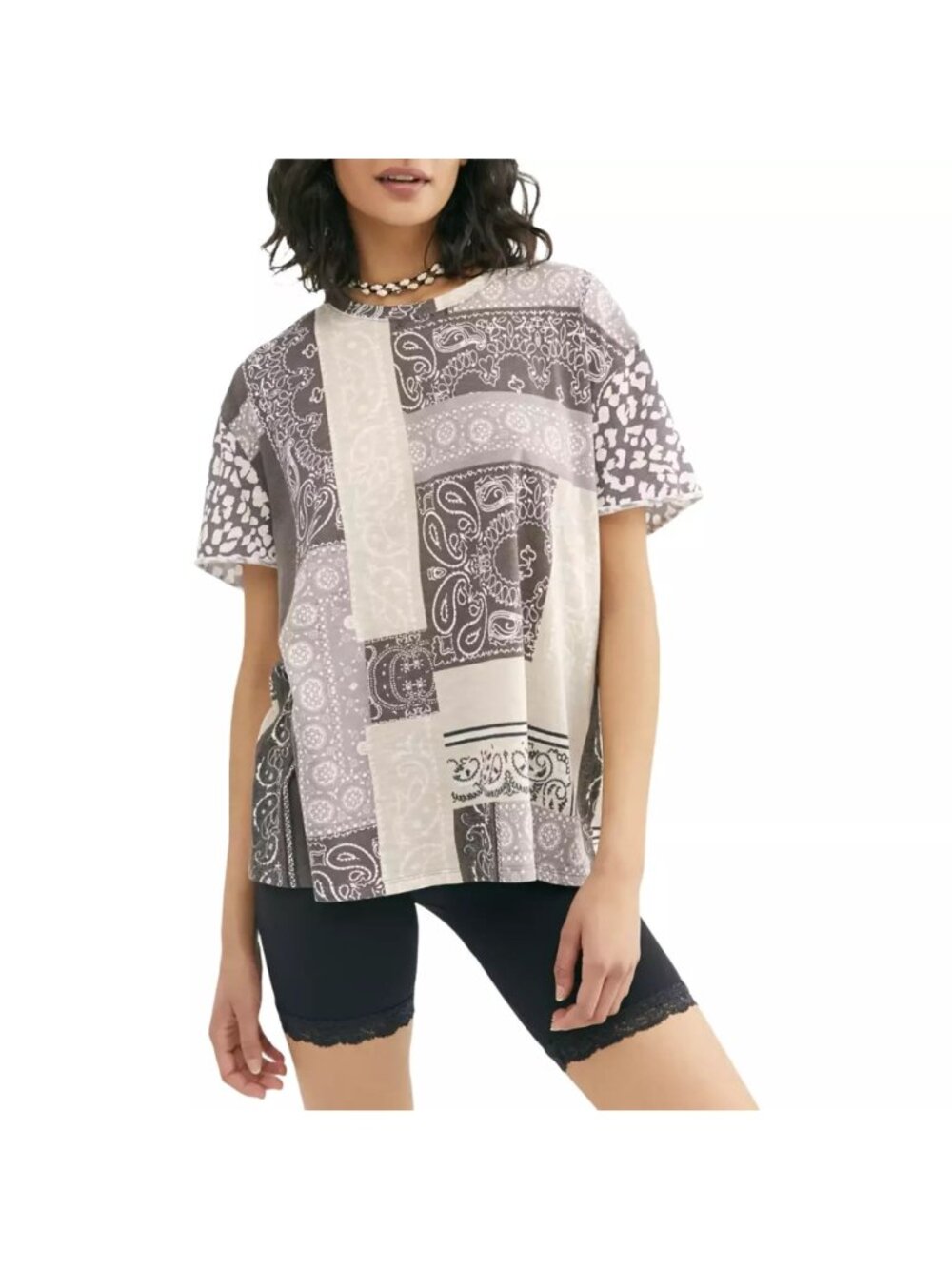 Free People We The Free Size XS Grey Clarity T Shirt Patchwork Boho Paisley